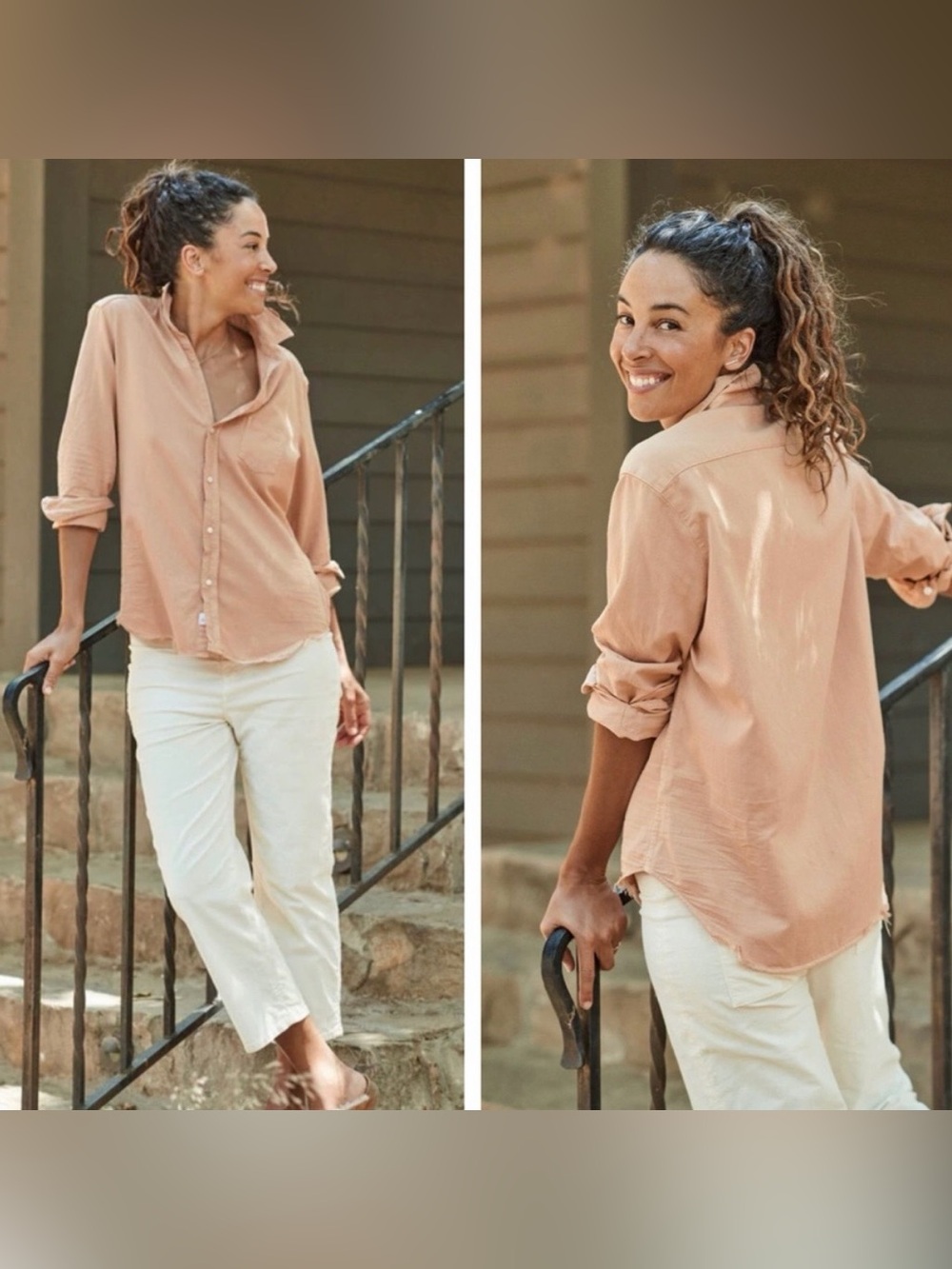Frank & Eileen Eileen light peach relaxed fit button up shirt, size Large